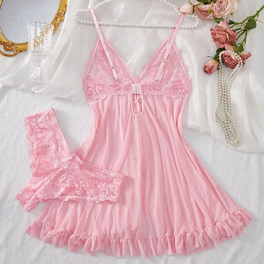 Lace G-string Set Women Lingerie Pajama Kit Transparent Crotchless Dress Mini Underpants Nightwear Set Big Size Female Underwear