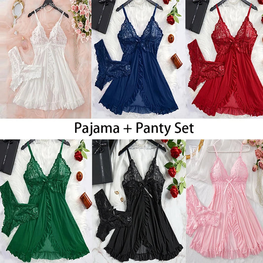 Lace G-string Set Women Lingerie Pajama Kit Transparent Crotchless Dress Mini Underpants Nightwear Set Big Size Female Underwear
